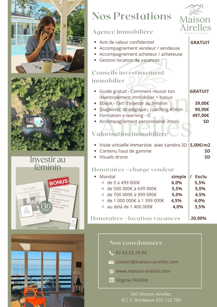 Affiche présentant les services d'une agence immobilière, incluant des conseils sur l'investissement immobilier, des honoraires, et des options de valorisation immobilière. Comprend des images d'une professionnelle au téléphone et d'une vue aérienne d'une propriété.